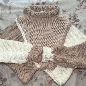 Altar’d State Chunky Knit Turtleneck Sweater - Cream and Tan